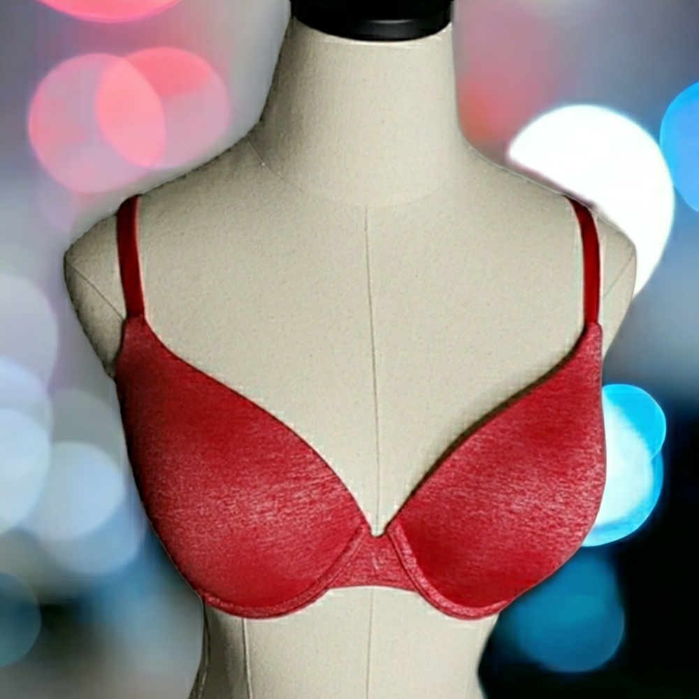 Victoria's Secret Uplift Semi Demi Plunge Heathered Red Bra Padded  34DD